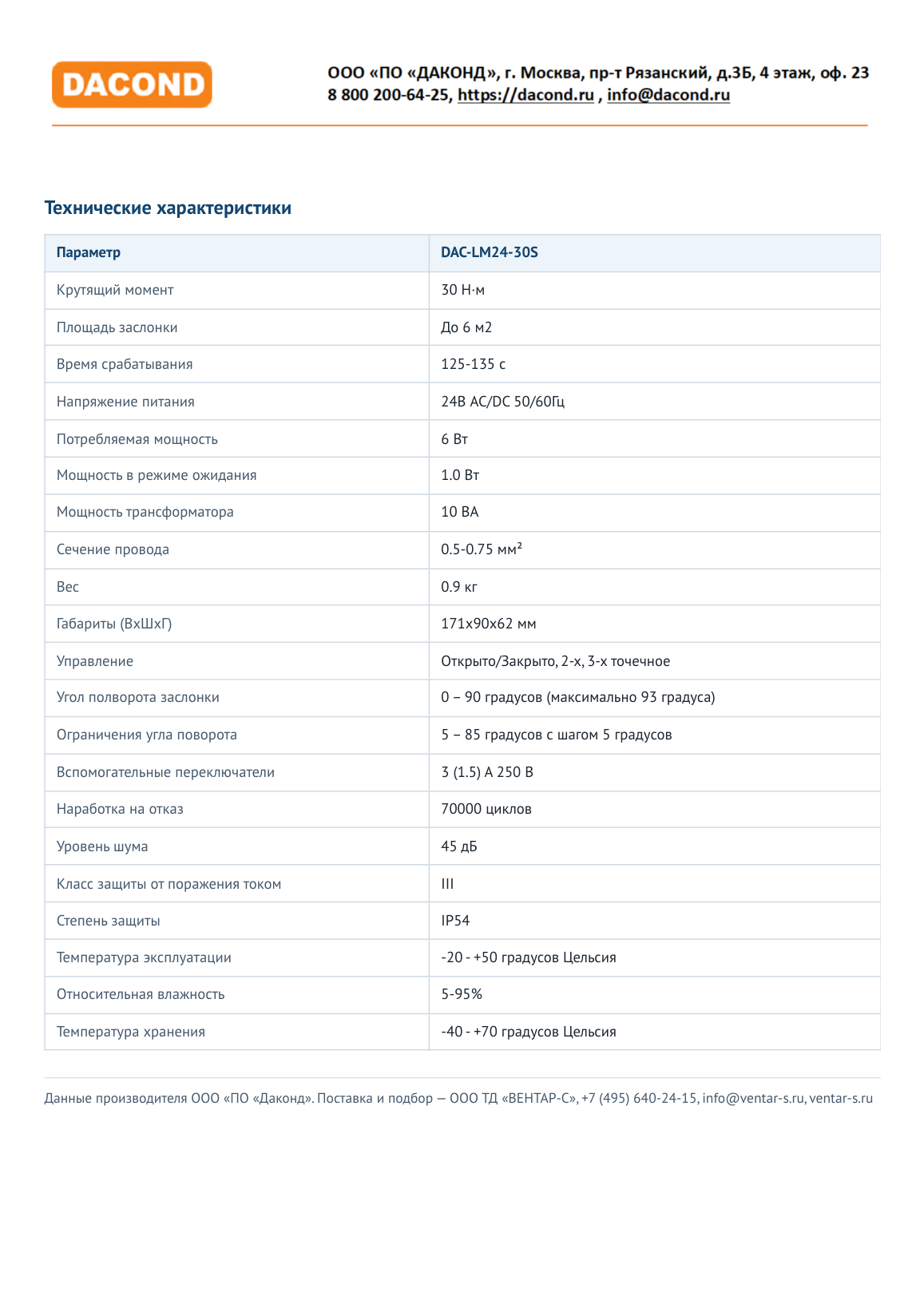 Электропривод DACOND DAC-LM24-30S (30 Н·м, 24 В, без пружины)