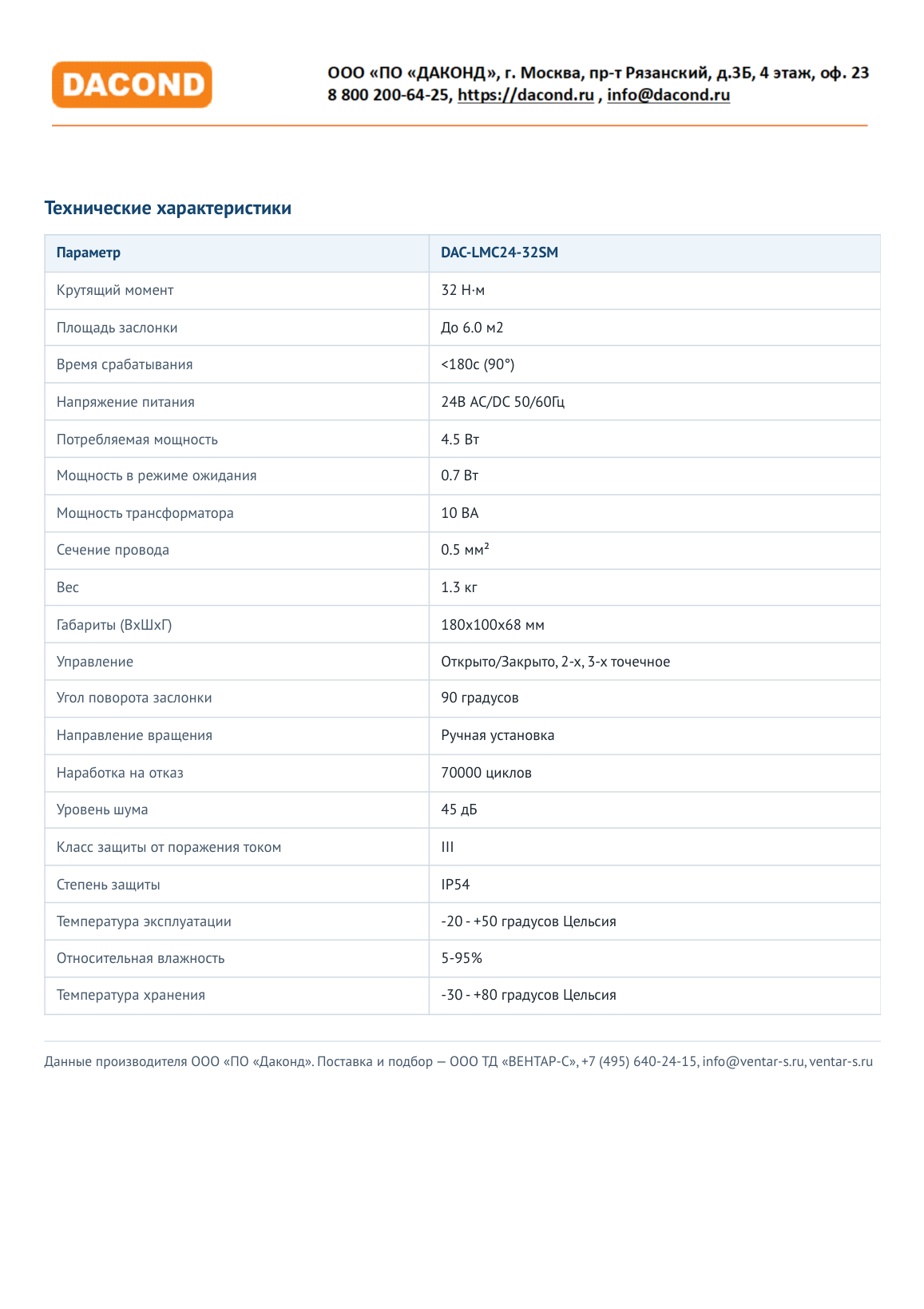 Электропривод DACOND DAC-LMC24-32SM (32 Н·м, 24 В, 0–10 В, без пружины)