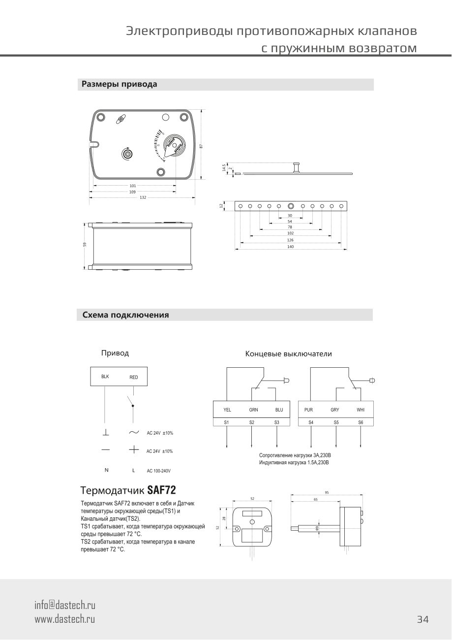 Размеры и схема подключения электропривода Dastech FR-03N24ST